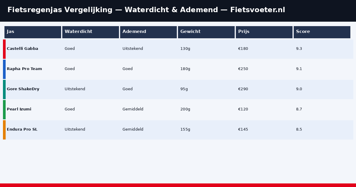 Vergelijking vijf fietsregenjassen 2026 — waterdichtheid ademend gewicht score Fietsvoeter.nl