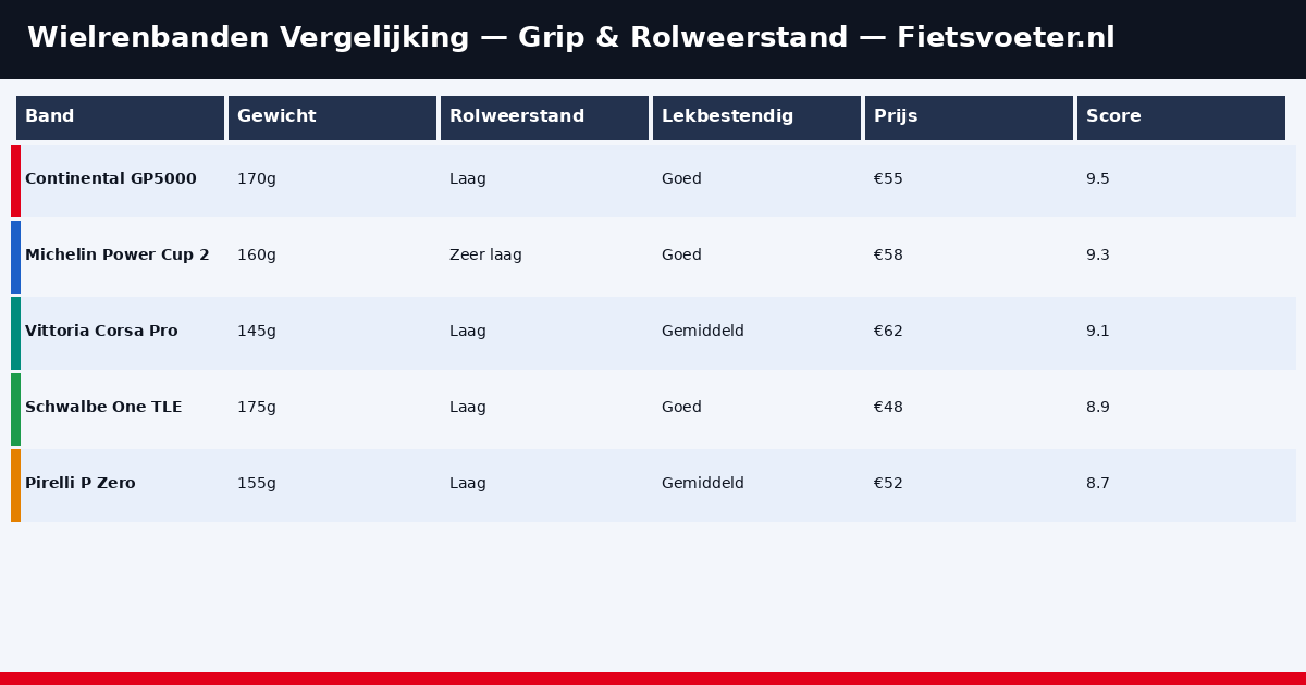 Infographic wielrenbanden vergelijking 2026 - rolweerstand grip levensduur score Fietsvoeter.nl