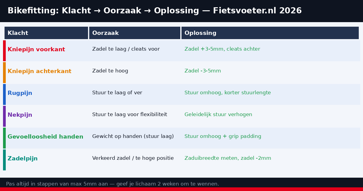 Bikefitting schema alle meetpunten racefiets 2026 — zadelhoogte reach stuur Fietsvoeter.nl