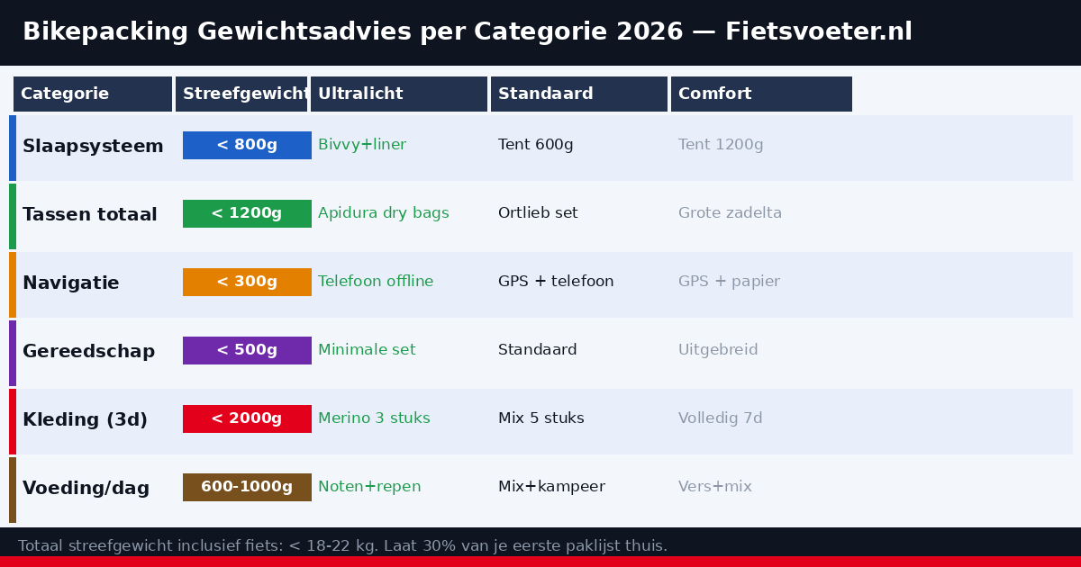 Bikepacking gewichtsverdeling schema fiets 2026 — tassen posities Fietsvoeter.nl