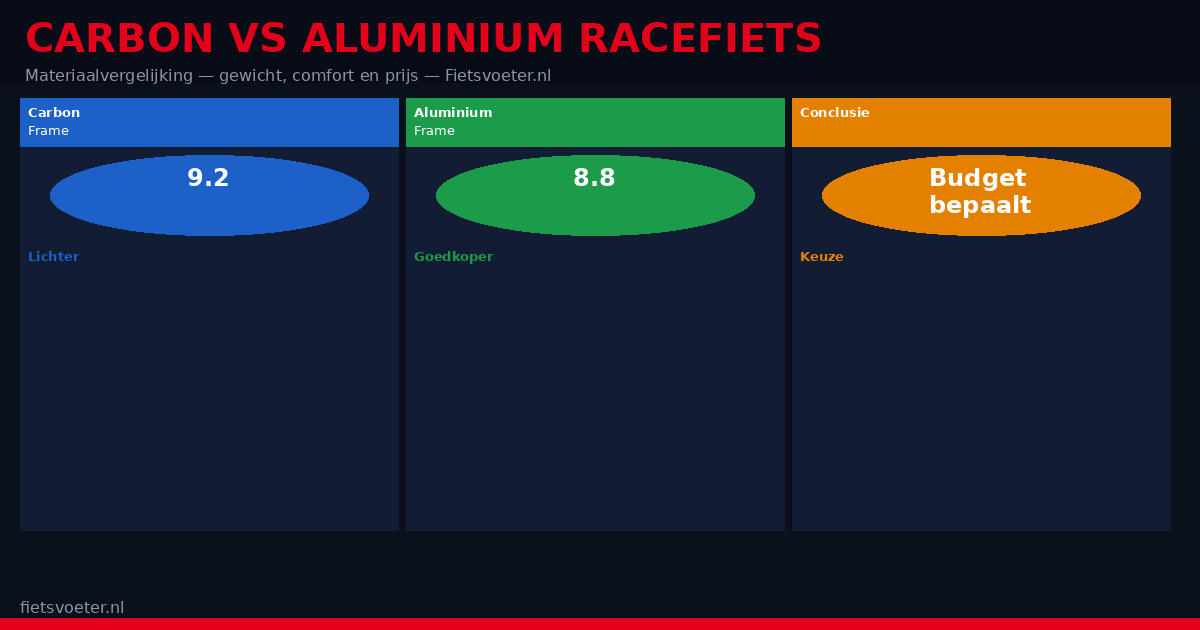 Carbon racefiets links en aluminium racefiets rechts naast elkaar — materiaalvergelijking 2026 Fietsvoeter.nl