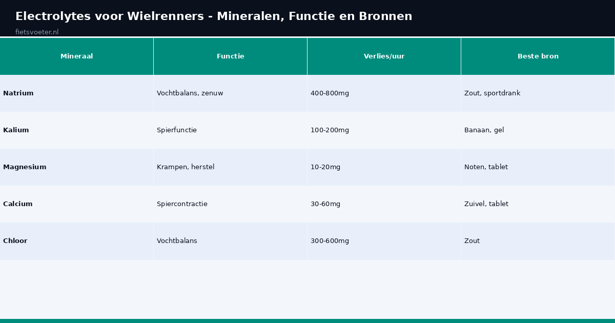 Electrolytes mineralen functie verlies per uur bronnen wielrennen Fietsvoeter.nl