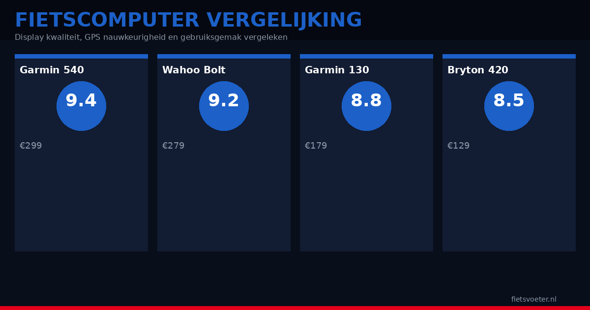 Fietscomputer display vergelijking 2026. Garmin Edge 540 Wahoo Elemnt Bolt Bryton leesbaarheid zon Fietsvoeter.nl