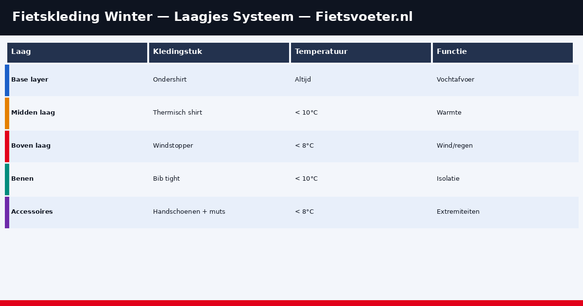 Drie lagen winterfietskleding uitgelegd - baselayer thermisch shirt winterjas Fietsvoeter.nl 2026