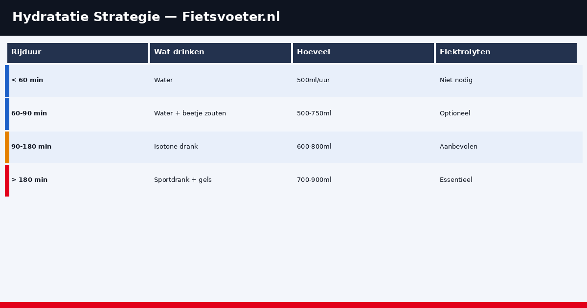 Drinkschema wielrennen per temperatuur en ritduur 2026 - hydratatie infographic Fietsvoeter.nl