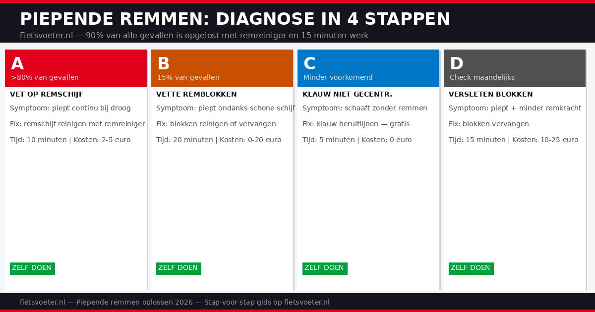 Piepende remmen fiets oplossen 2026 — oorzaken diagnose en stap voor stap fix schijfrem velgrem Fietsvoeter.nl