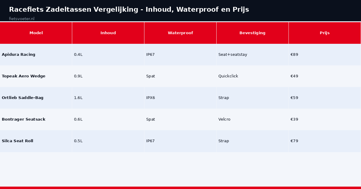 Racefiets zadeltassen vergelijking inhoud waterproof bevestiging prijs Fietsvoeter.nl