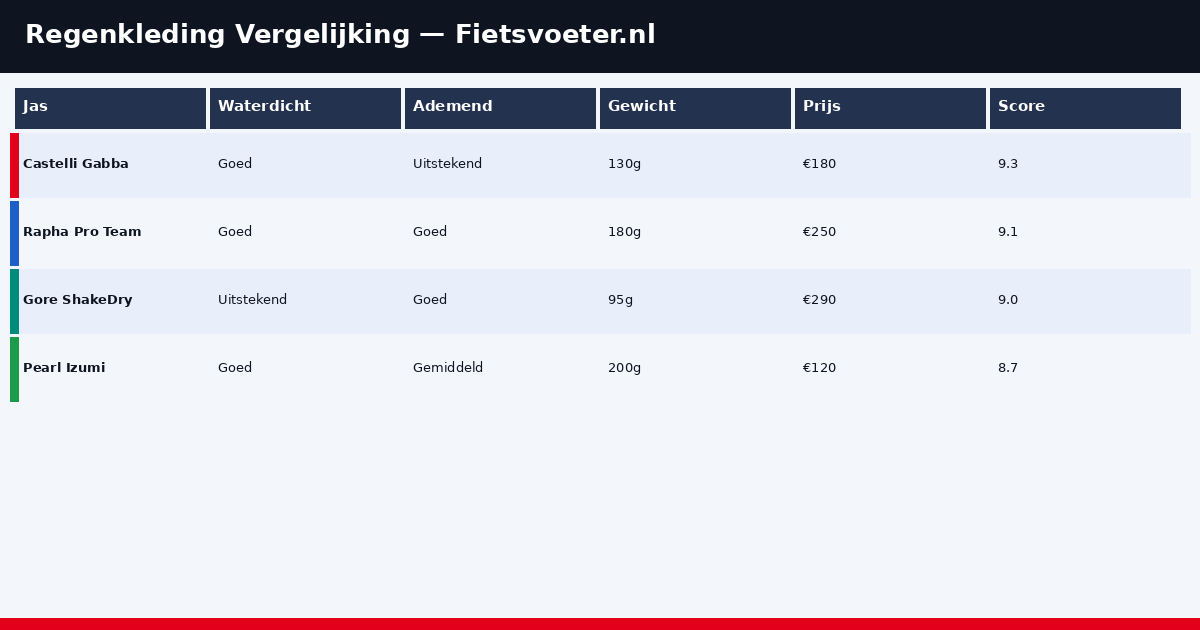 Vergelijking regenkleding wielrennen 2026 - waterdichtheid ademend gewicht Fietsvoeter.nl
