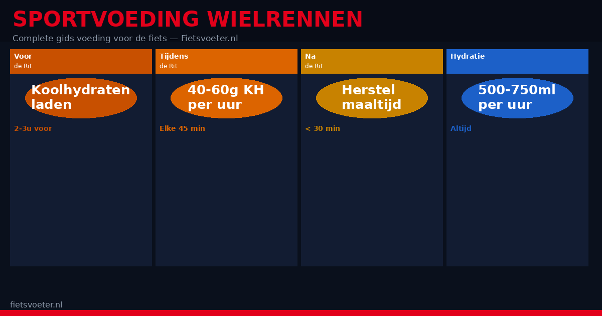 Sportvoeding wielrennen 2026 — voor tijdens na de rit koolhydraten gels repen bonken voorkomen Fietsvoeter.nl