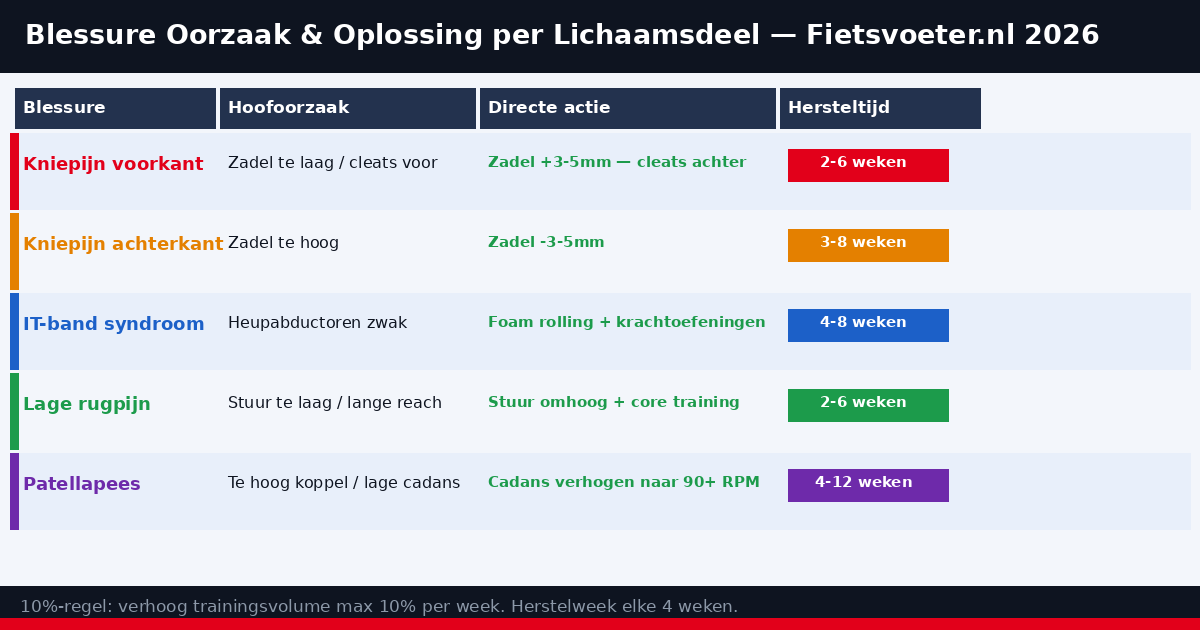 Blessure oorzaak schema wielrennen 2026 — knie rug schouder voorkomen Fietsvoeter.nl