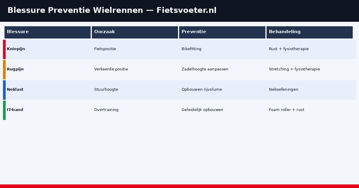 Blessure oorzaak schema wielrennen 2026 - knie rug schouder voorkomen Fietsvoeter.nl